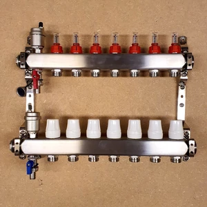 Áramlásmérős osztó-gyűjtő  7 bemenetes Rozsdamentes testtel - automata légtelenítővel, kazántöltővel